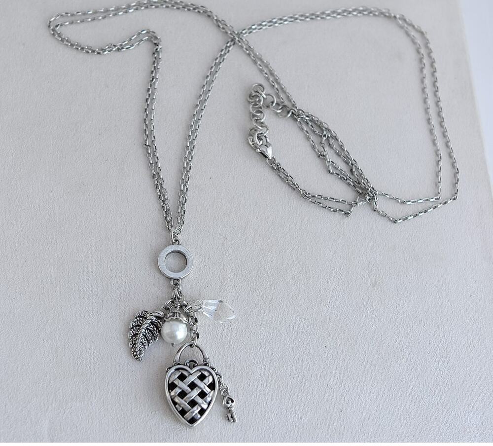 Brighton Padlock Key Two Strand Long Necklace Pearl Crystal Floral Charm Retired